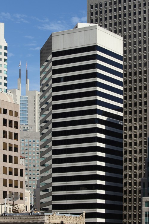 345 California Center (flags) and 595 Market Street (hexagonal bldg.)
