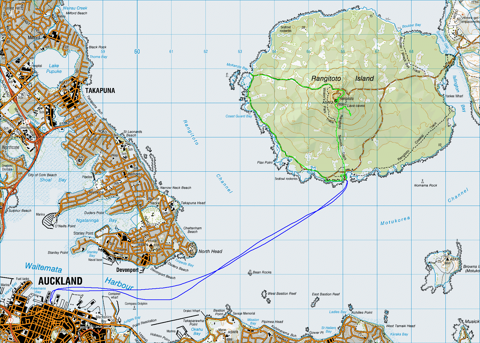 Rangitoto Island ferry and hike topo map