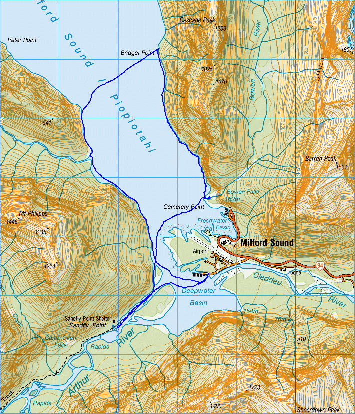 Milford Sound kayak topographic map