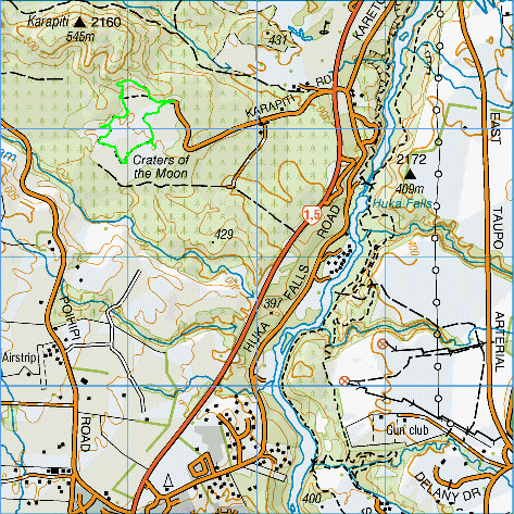 Creaters of the Moon and Huka Falls topo map
