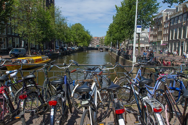 Bikes parked on bridge